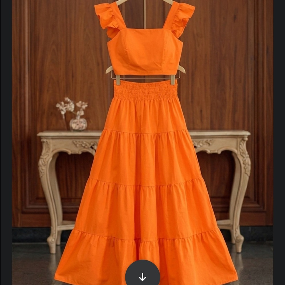 Vibrant Orange 2-Piece Boho Maxi Set – Ruffle Crop Top & Tiered Smocked Skirt M